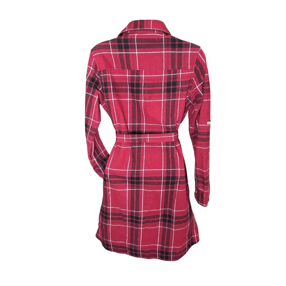 Stillwater Supply Co. Red Plaid Button-Down Belted Shirt Dress M Cotton Blend Wo - Picture 6 of 13